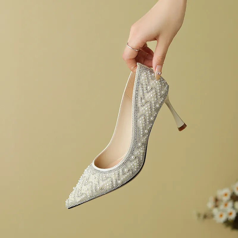 338928 AGUA DIAMANTE PEARL XIUHE HEEL HIGH HEEL NOVIA NO CANSADA DEL VESTIDO DE LOS PIES BRIDE BODA SINGLE ZAPATOS