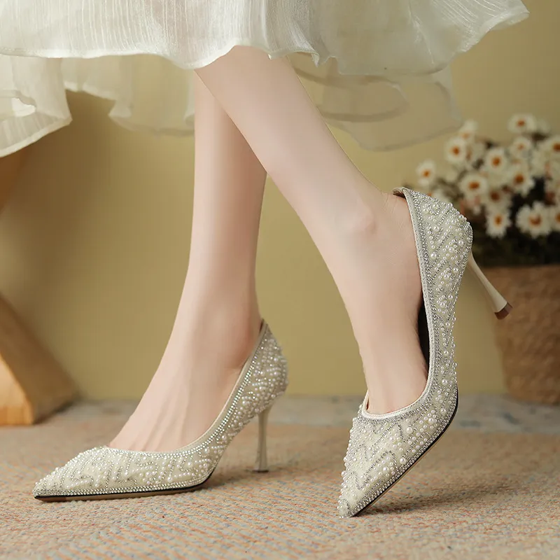 338928 AGUA DIAMANTE PEARL XIUHE HEEL HIGH HEEL NOVIA NO CANSADA DEL VESTIDO DE LOS PIES BRIDE BODA SINGLE ZAPATOS