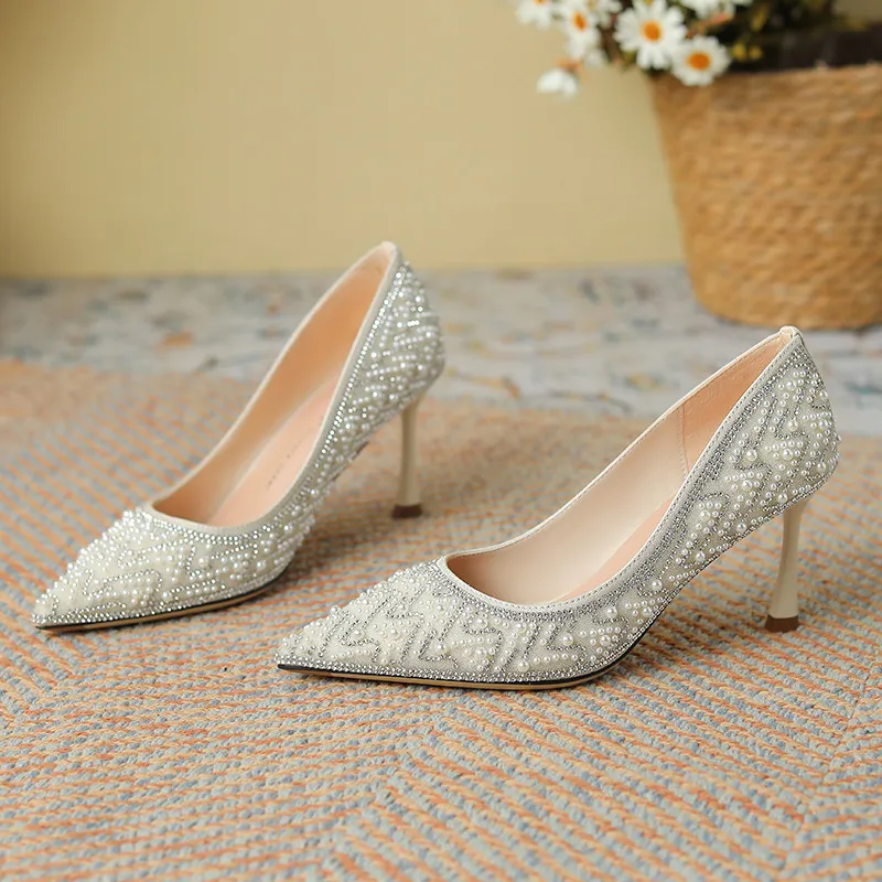 338928 AGUA DIAMANTE PEARL XIUHE HEEL HIGH HEEL NOVIA NO CANSADA DEL VESTIDO DE LOS PIES BRIDE BODA SINGLE ZAPATOS