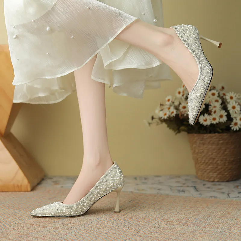 338928 AGUA DIAMANTE PEARL XIUHE HEEL HIGH HEEL NOVIA NO CANSADA DEL VESTIDO DE LOS PIES BRIDE BODA SINGLE ZAPATOS