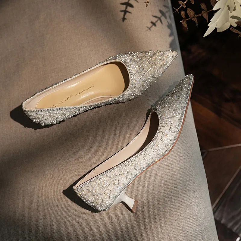 338928 AGUA DIAMANTE PEARL XIUHE HEEL HIGH HEEL NOVIA NO CANSADA DEL VESTIDO DE LOS PIES BRIDE BODA SINGLE ZAPATOS