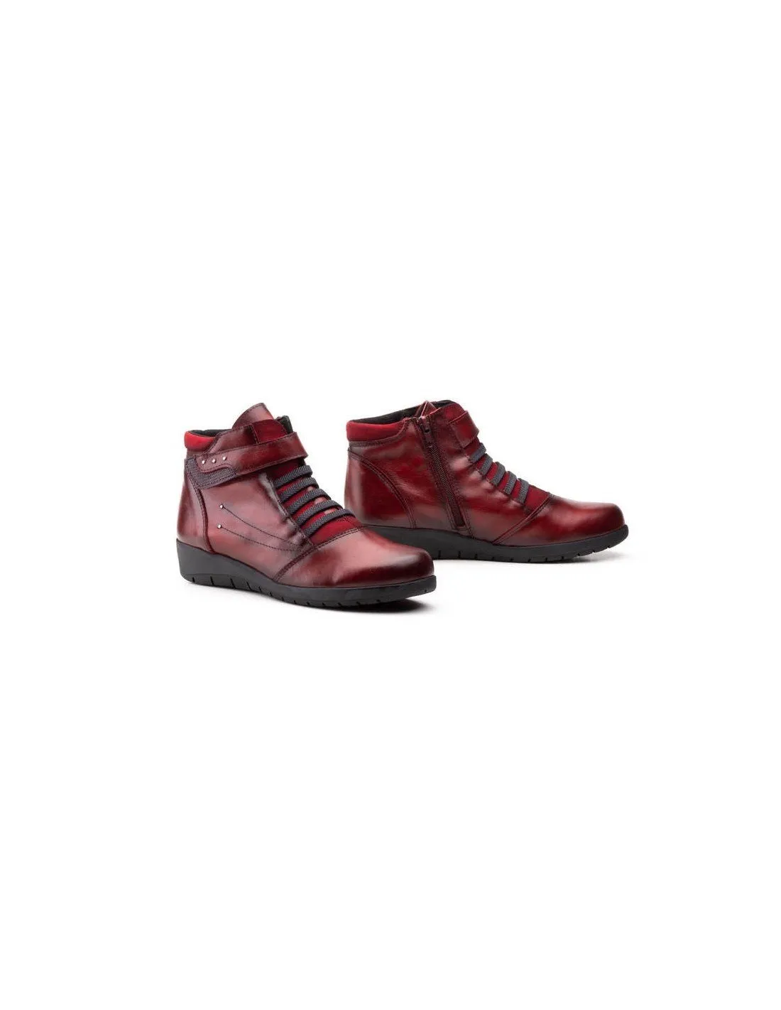 Botines Piel Cómodos Velcro Burdeos