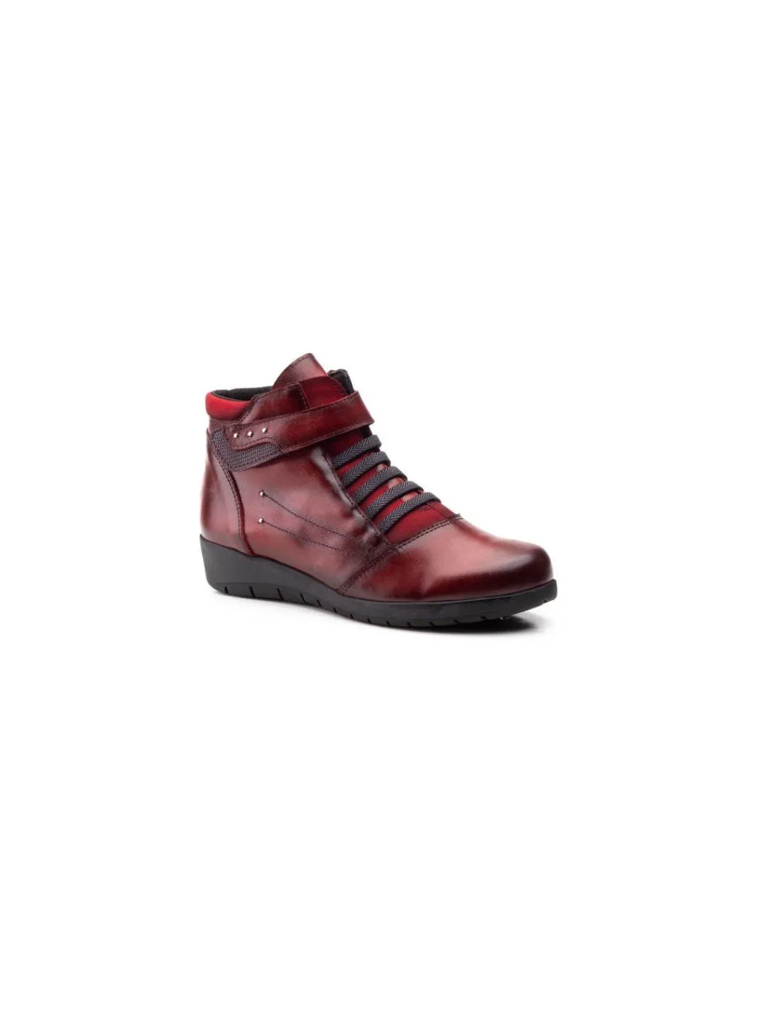 Botines Piel Cómodos Velcro Burdeos