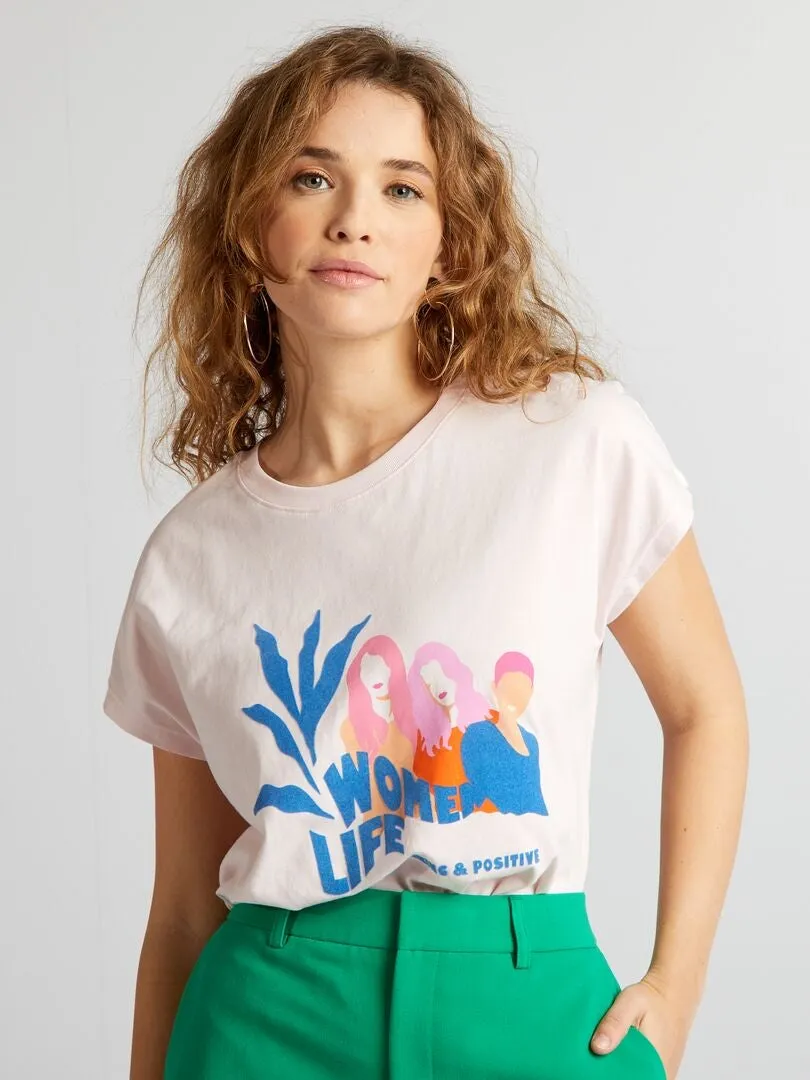 CAMISETA DE ALGODóN CON ESTAMPADO  ROSA