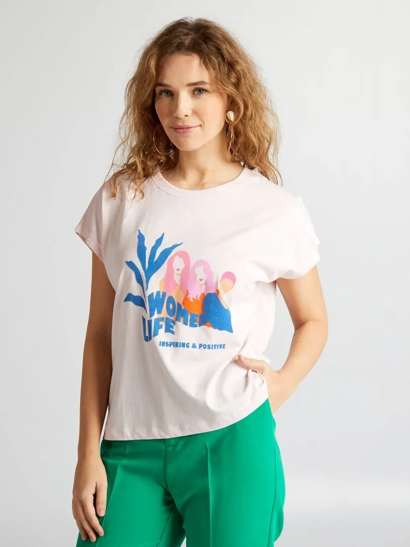 CAMISETA DE ALGODóN CON ESTAMPADO  ROSA