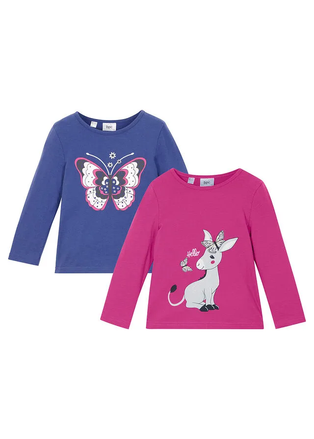 Camiseta de manga larga para niña (2 unidades) Azul zafiro + fucsia
