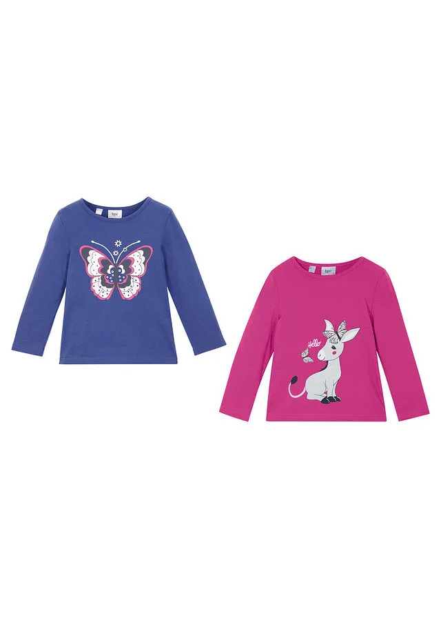 Camiseta de manga larga para niña (2 unidades) Azul zafiro + fucsia