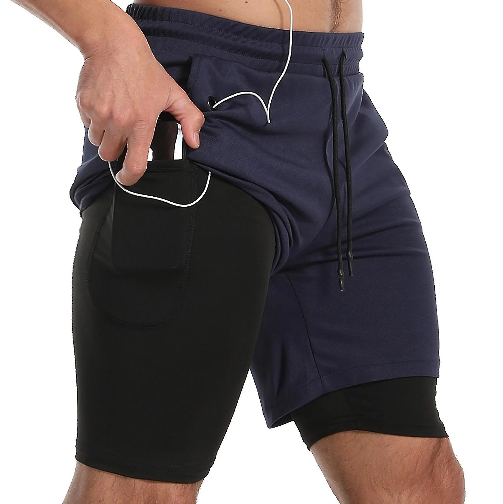 MEN'S 2 IN 1 SPORTS QUICK DRY WORKOUT RUNNING SHORTS LIGHTWEIGHT ATHLETIC GYM SHORTS WITH COMPRESSION LINER  NAVY BLUE