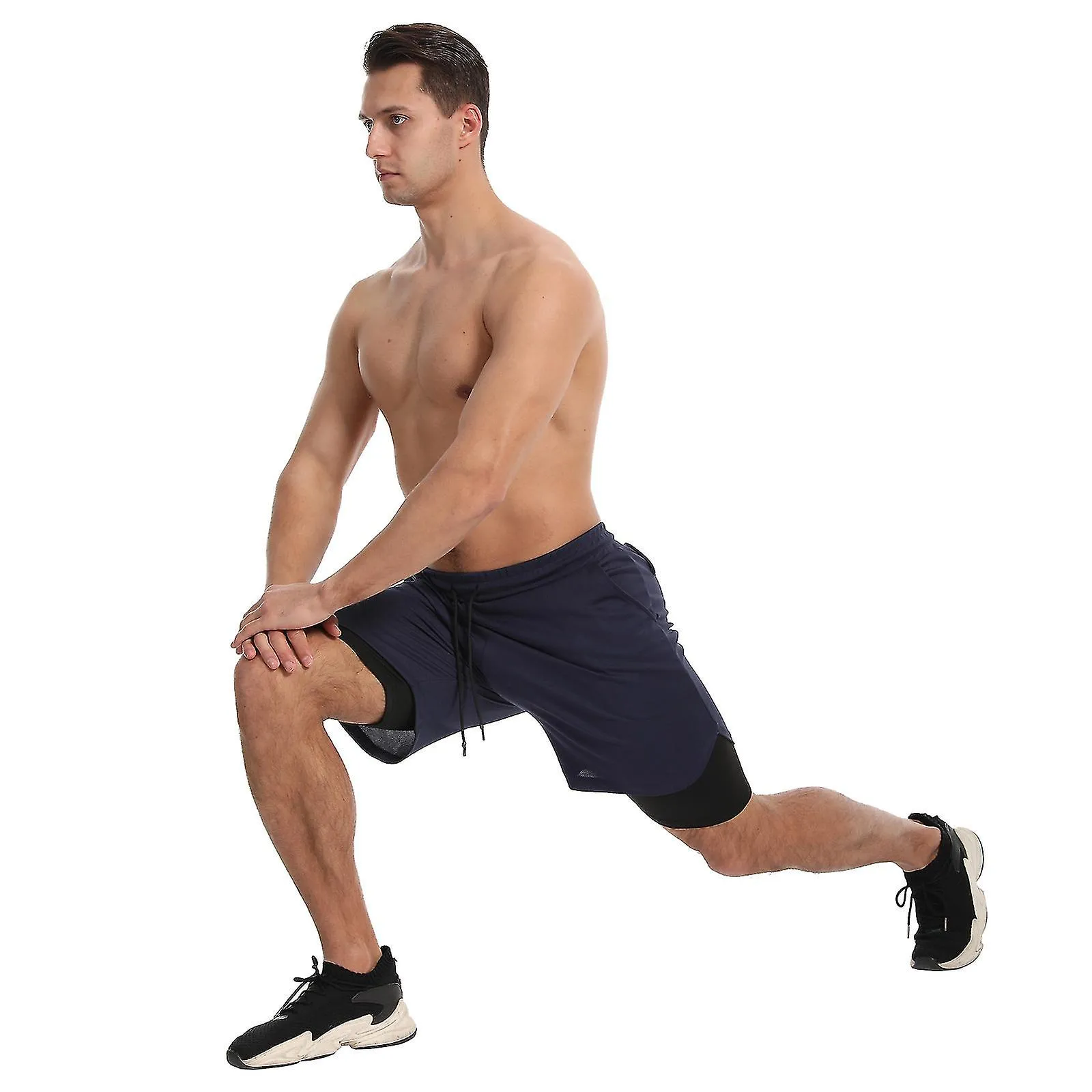 MEN'S 2 IN 1 SPORTS QUICK DRY WORKOUT RUNNING SHORTS LIGHTWEIGHT ATHLETIC GYM SHORTS WITH COMPRESSION LINER  NAVY BLUE