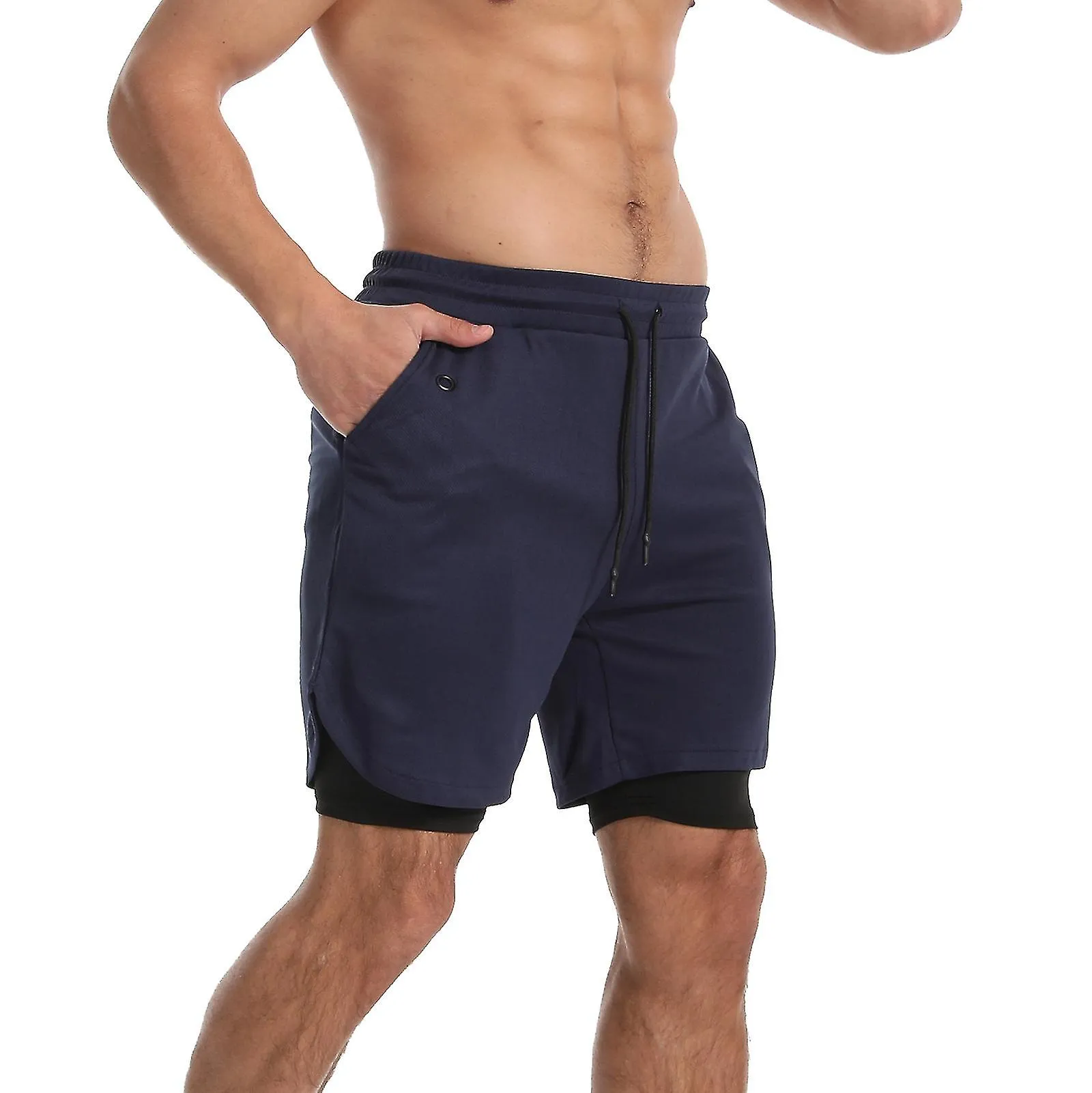 MEN'S 2 IN 1 SPORTS QUICK DRY WORKOUT RUNNING SHORTS LIGHTWEIGHT ATHLETIC GYM SHORTS WITH COMPRESSION LINER  NAVY BLUE
