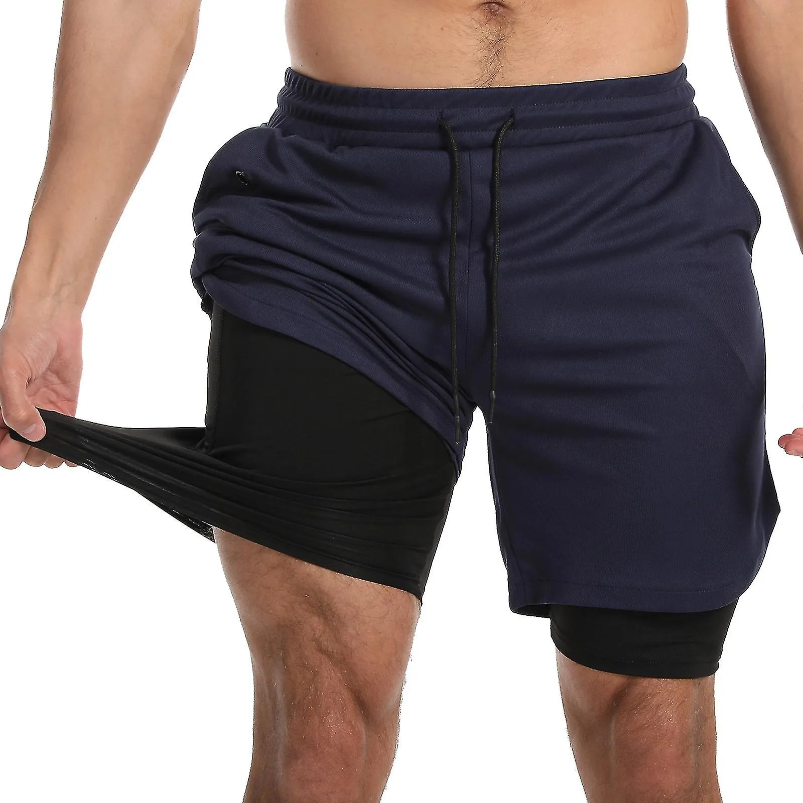 MEN'S 2 IN 1 SPORTS QUICK DRY WORKOUT RUNNING SHORTS LIGHTWEIGHT ATHLETIC GYM SHORTS WITH COMPRESSION LINER  NAVY BLUE