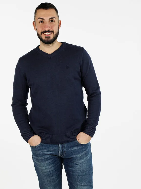 Navy Sail Jersey de hombre con cuello de pico en mezcla de lana
