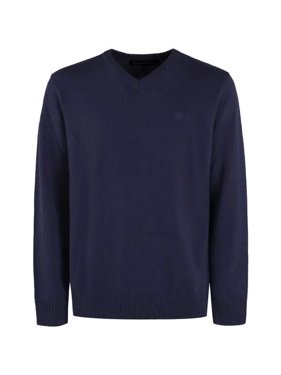 Navy Sail Jersey de hombre con cuello de pico en mezcla de lana