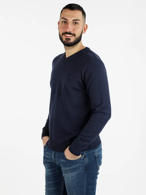 Navy Sail Jersey de hombre con cuello de pico en mezcla de lana
