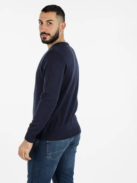 Navy Sail Jersey de hombre con cuello de pico en mezcla de lana