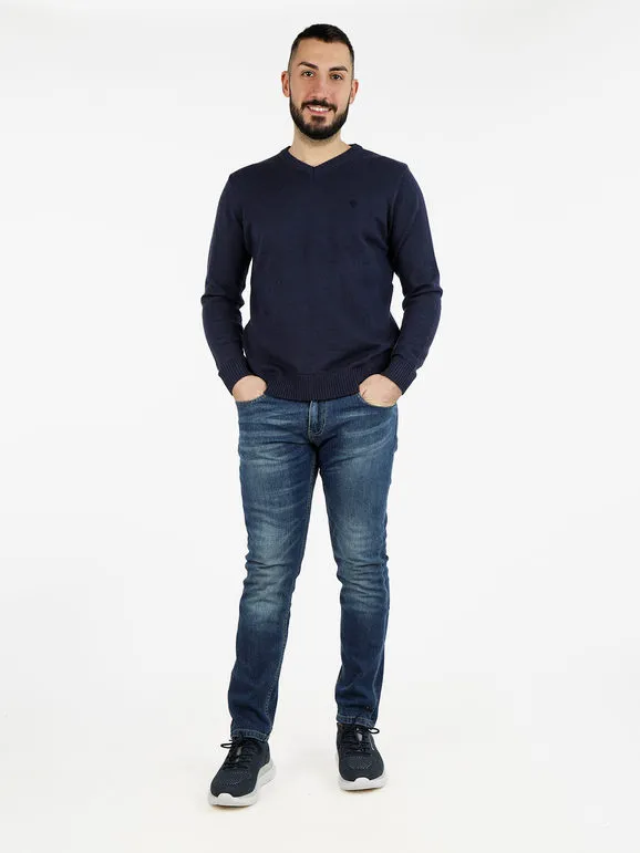 Navy Sail Jersey de hombre con cuello de pico en mezcla de lana