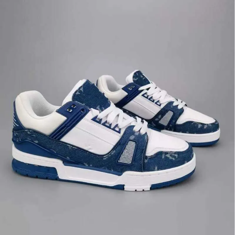 Nuevos zapatos de diseñador Flat Sneaker Trainer en estampado de zapatos casuales de mezclilla de mezclilla Plata de moda de let