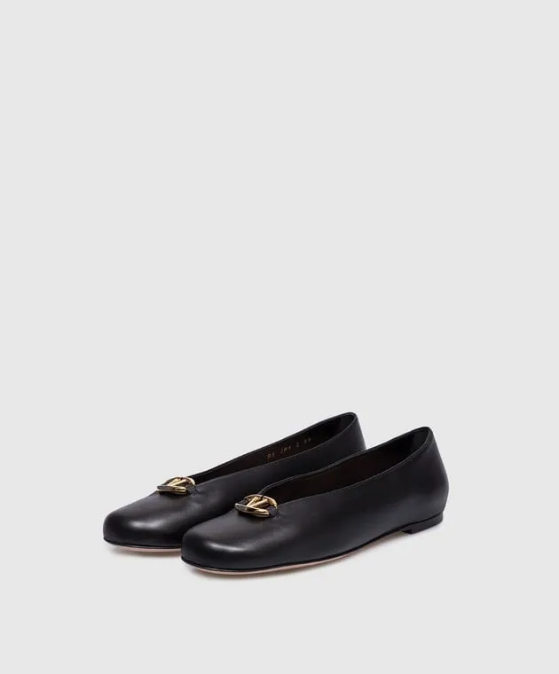 Valentino Black leather ballet flats with metallic logo